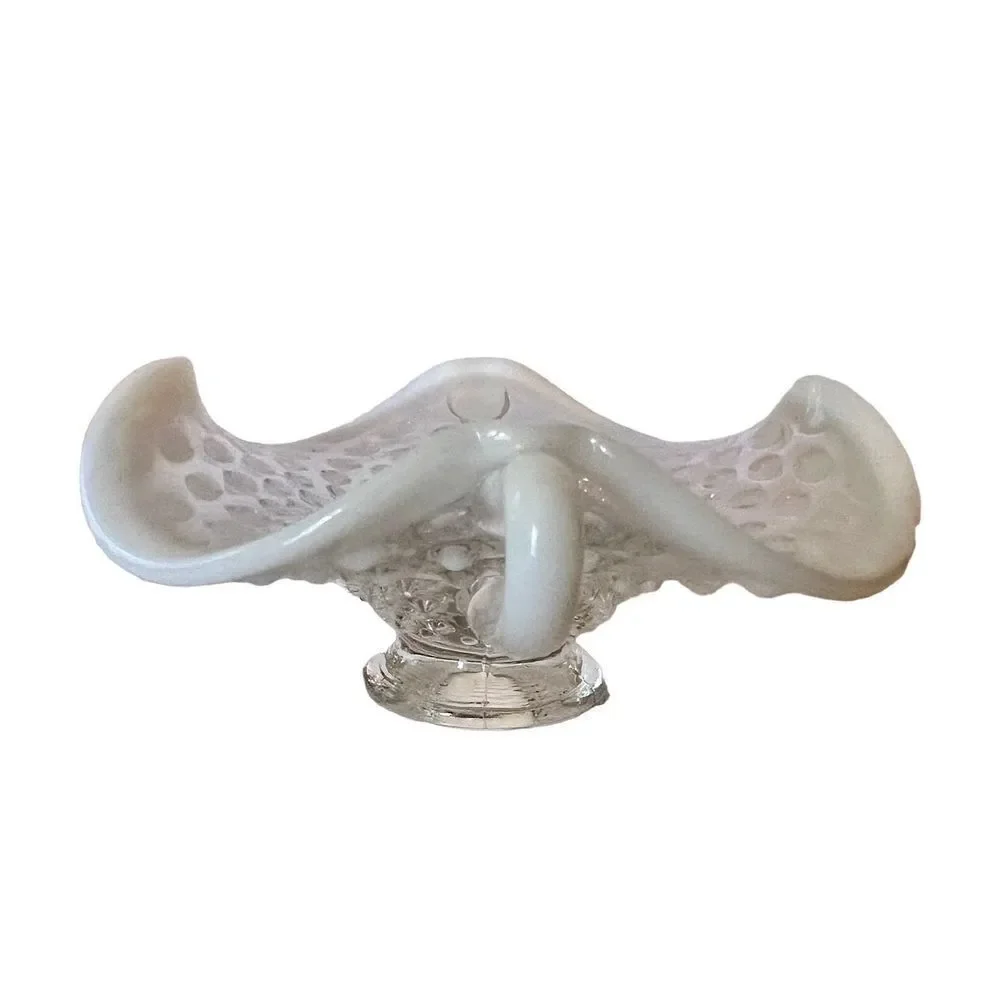 Vintage FENTON Art Glass Handles French Moonstone Opalescent Hobnail CANDY DISH